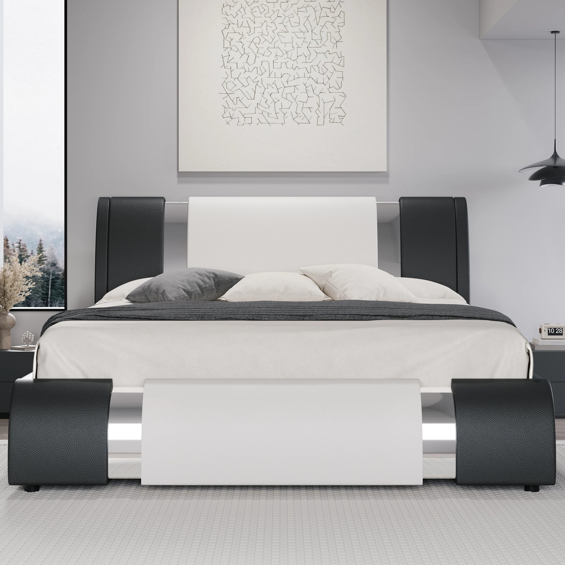 HOOMIC Modern Faux Leather Bed Frame with Iron Pieces Decor