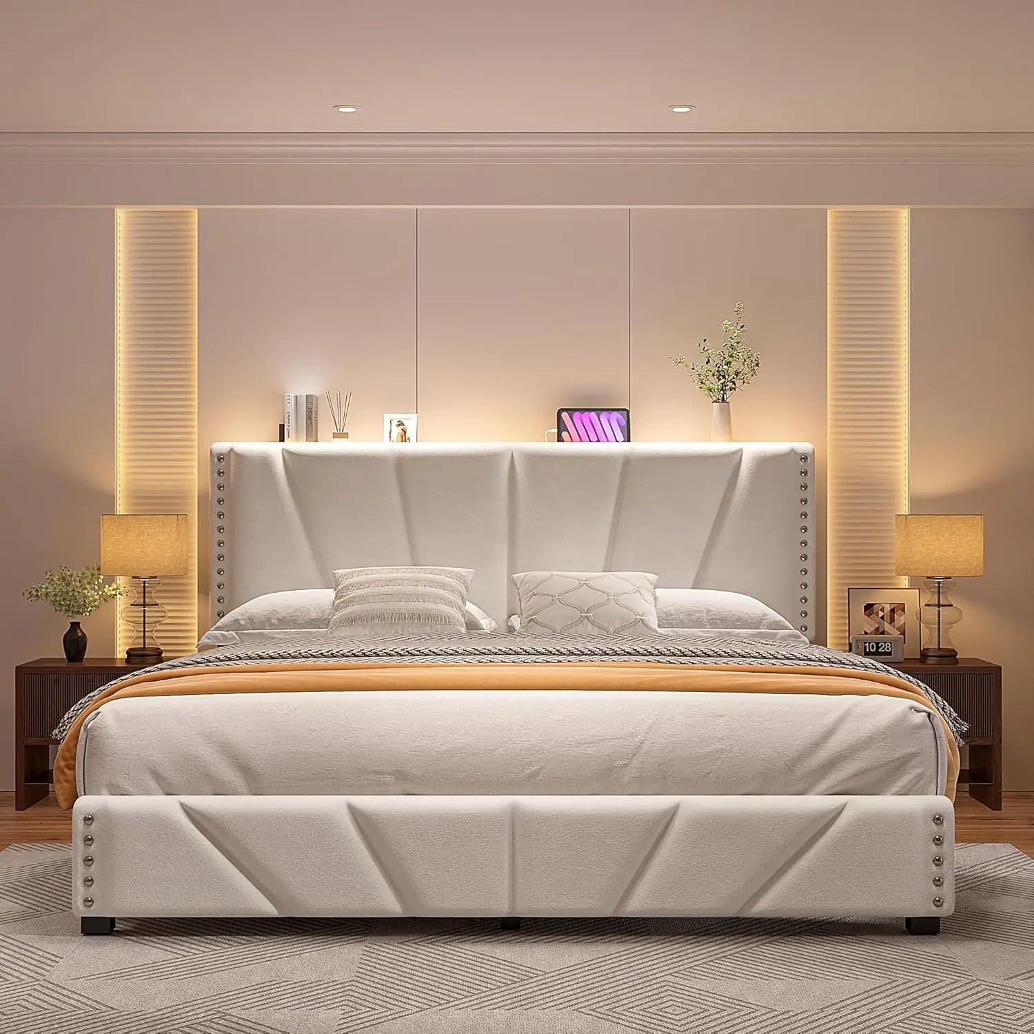 Bed Frame with Velvet Headboard and LED Lights