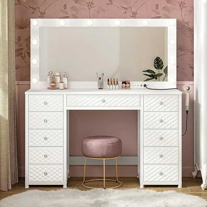 Vanity with Extra Large Mirror and Lights, Makeup Vanity with Power Strip