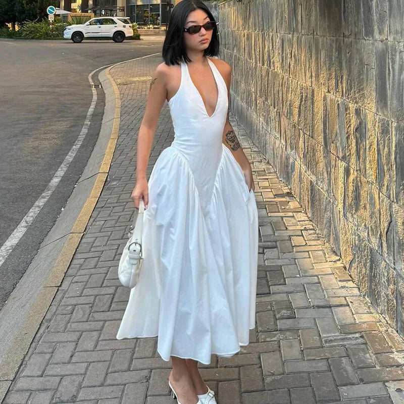 TARUXY Sexy Halterneck V-Neck Maxi Dress 👗 | Backless Vacation Long Dress with Flowy Hem
