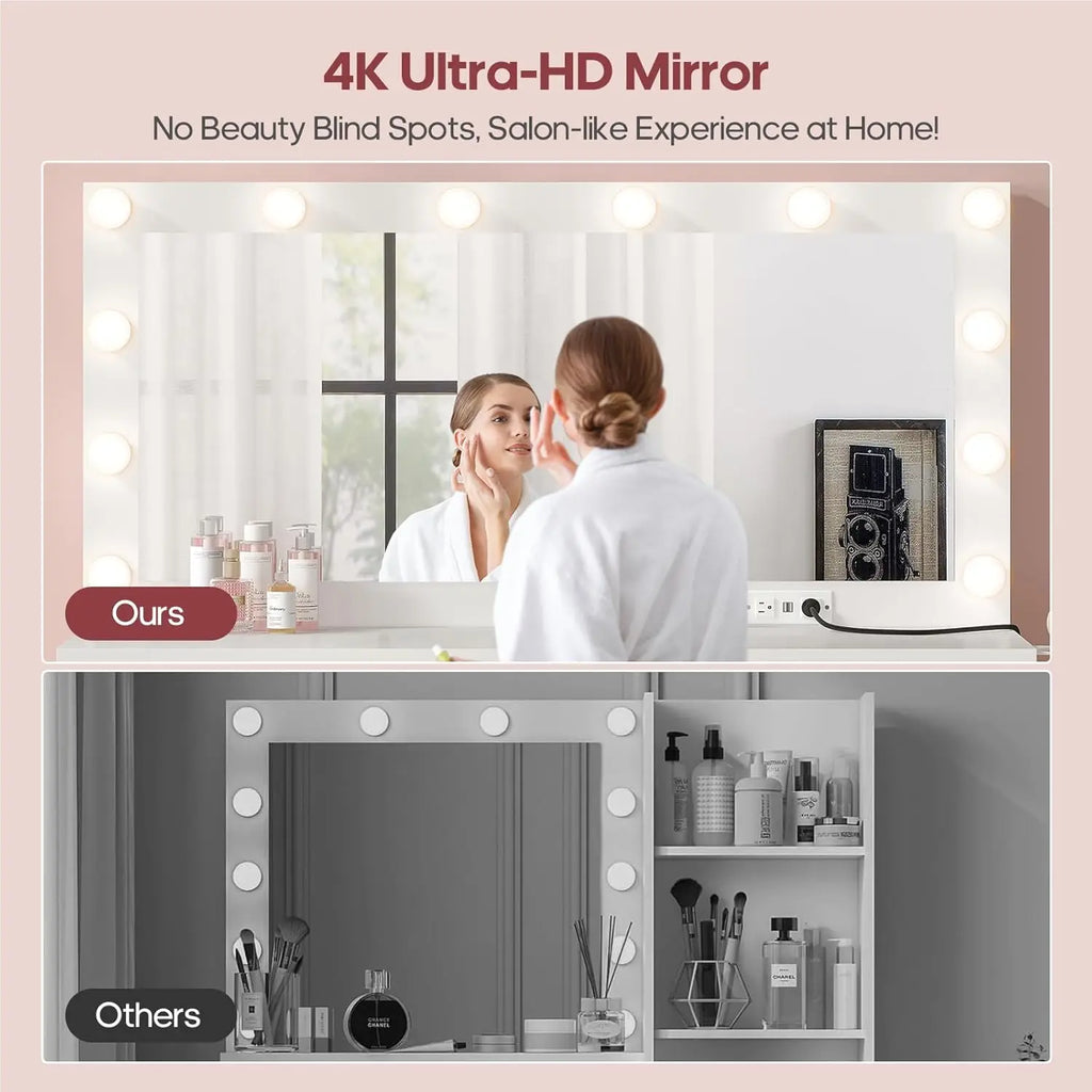 Vanity with Extra Large Mirror and Lights, Makeup Vanity with Power Strip