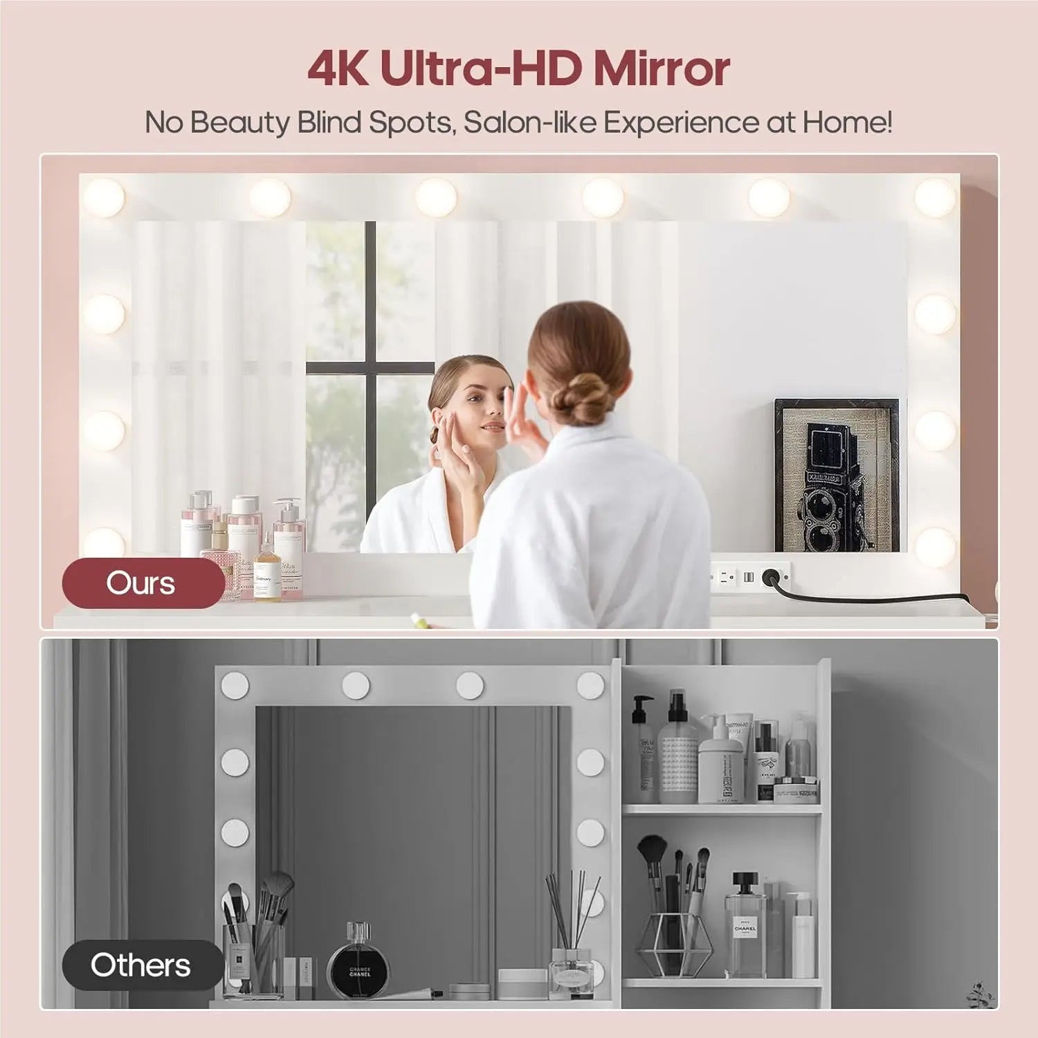 Vanity with Extra Large Mirror and Lights, Makeup Vanity with Power Strip