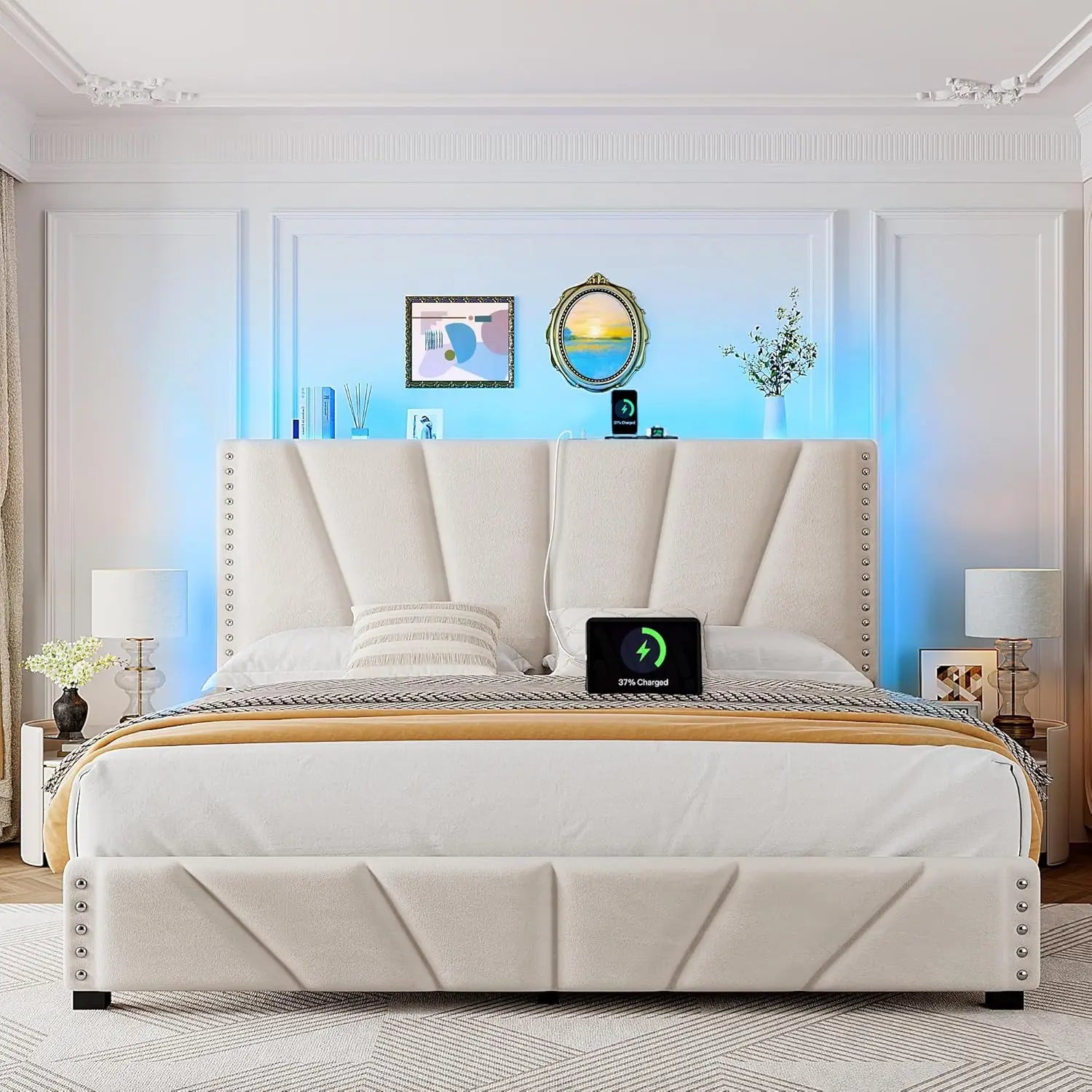 Bed Frame with Velvet Headboard and LED Lights