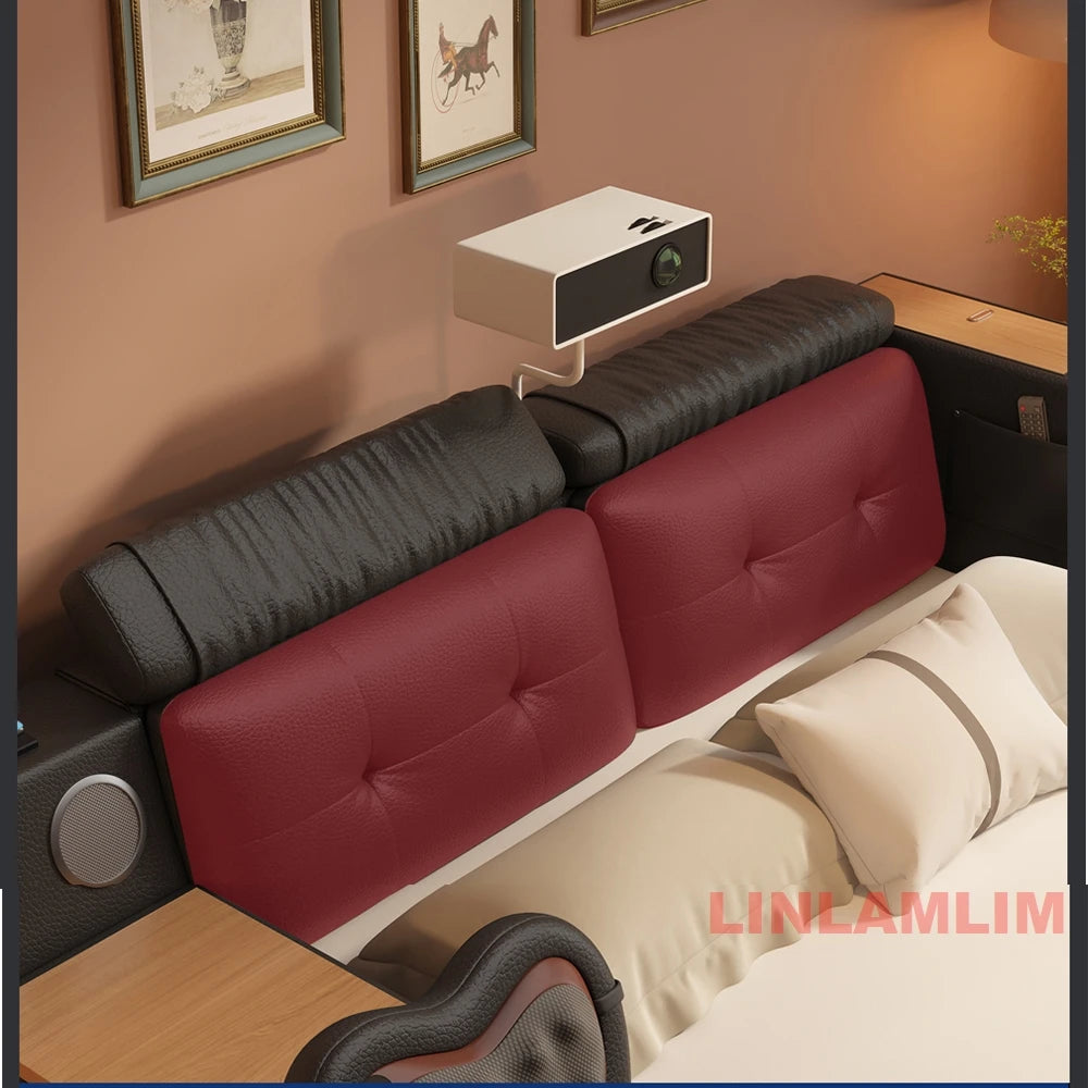 Luxury Tech Smart Multifunctional Bed with Massage Chair, Bluetooth Speakers, Projector, USB – Modern Upholstered King Size Bed