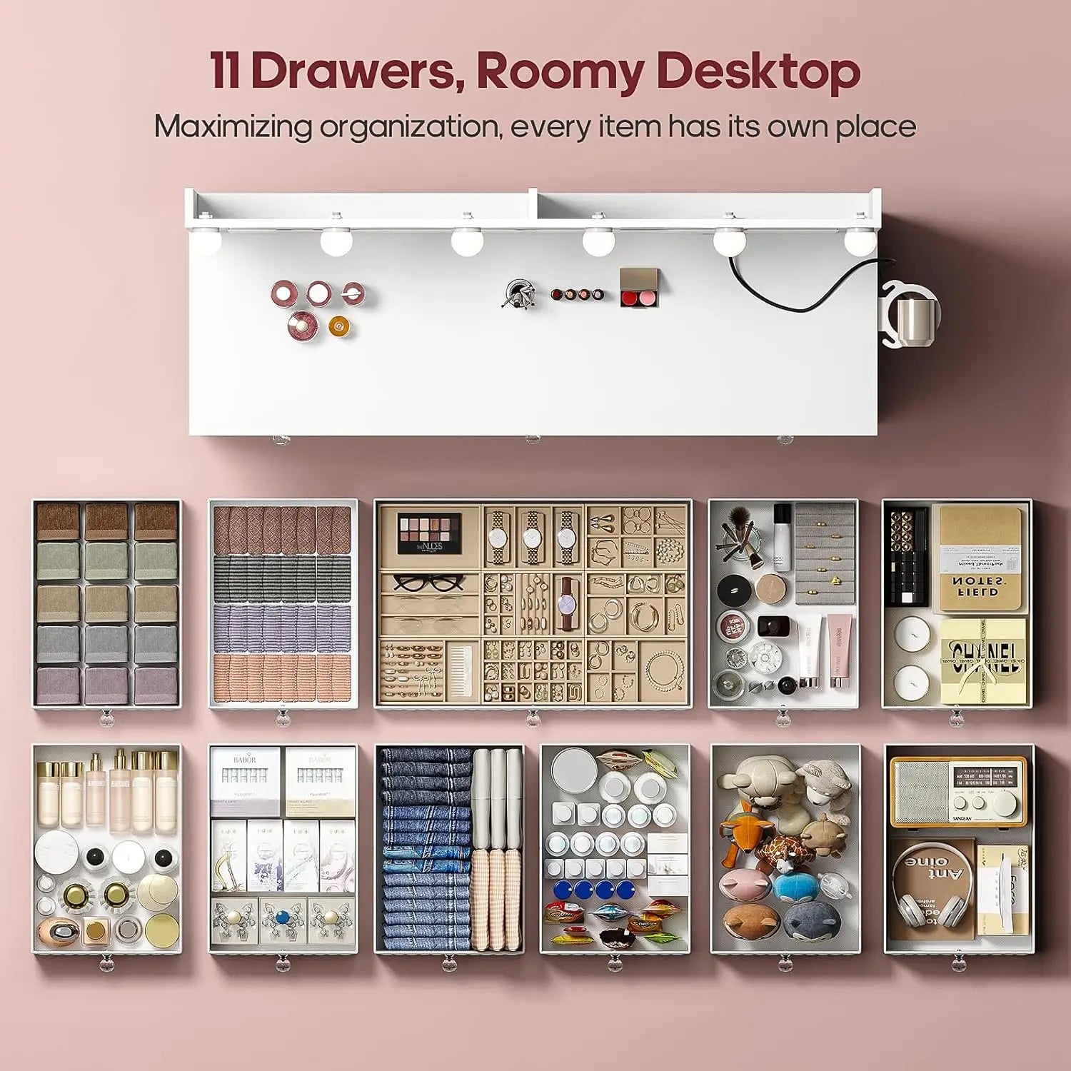 Vanity with Extra Large Mirror and Lights, Makeup Vanity with Power Strip