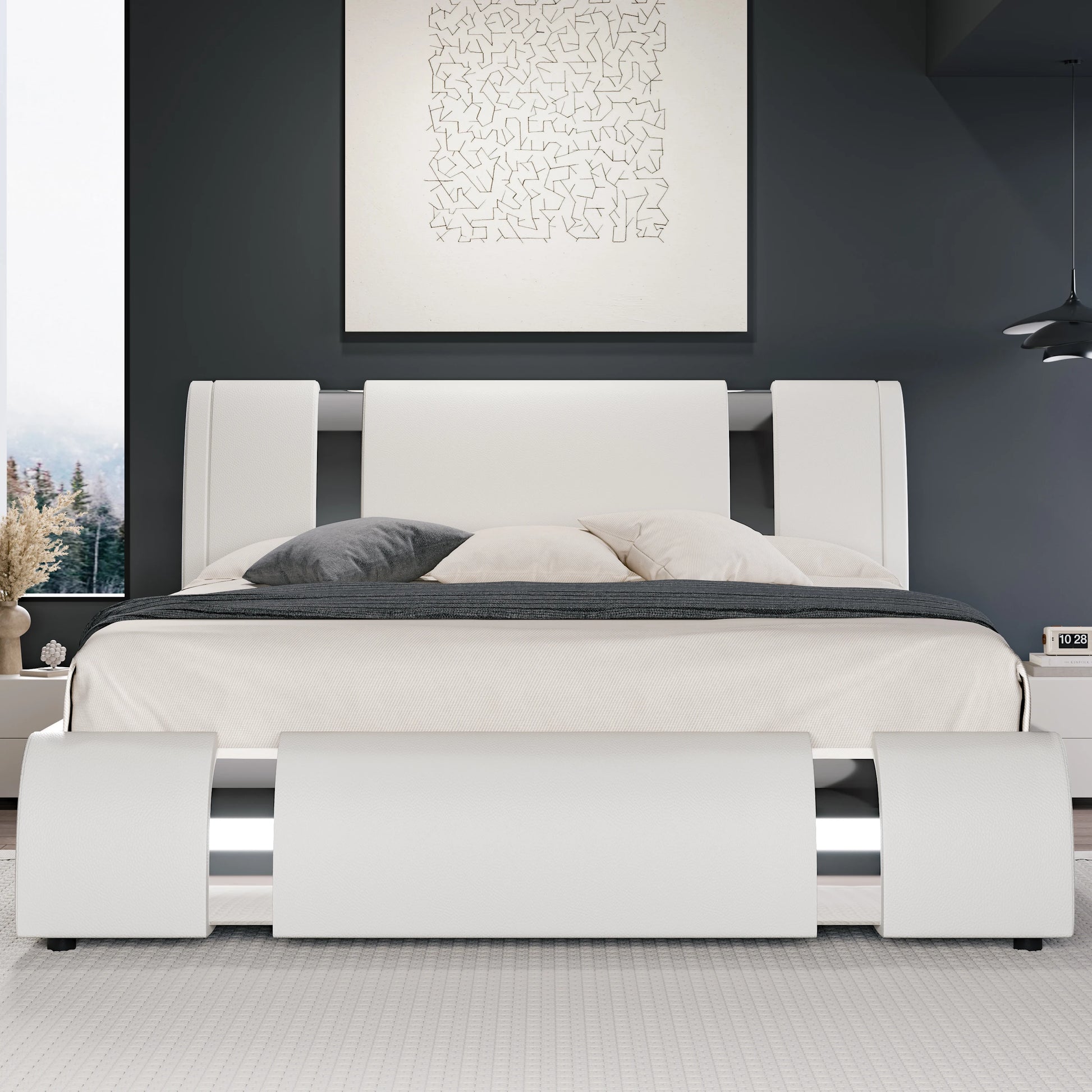 HOOMIC Modern Faux Leather Bed Frame with Iron Pieces Decor
