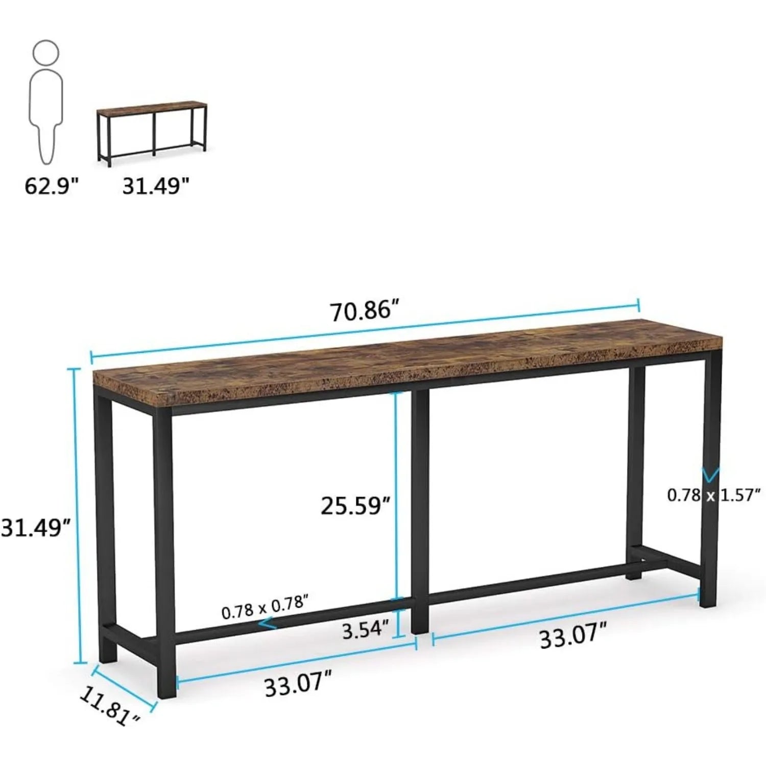 70.9 inch Extra Long Console Table Behind Couch, Easy Assembly Sofa Table, Rustic Industrial Narrow Entryway Hallway Table