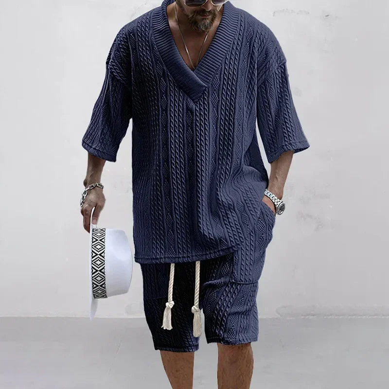 Men Shorts Set Summer Casual Knitted Two Piece