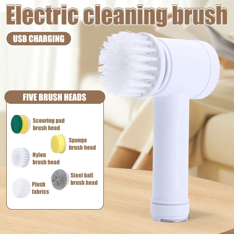 5-in-1 Electric Spin Scrubber – Powerful Cleaning Brush with 5 Replaceable Heads & USB Charging