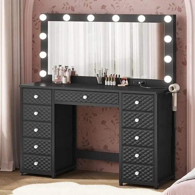 Vanity with Extra Large Mirror and Lights, Makeup Vanity with Power Strip