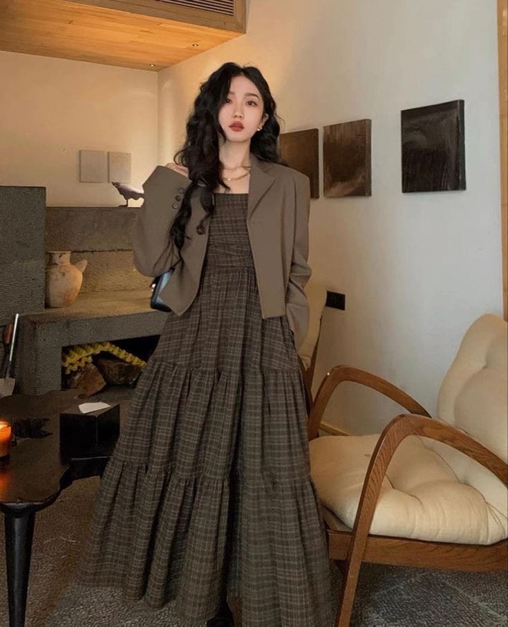 Korean-Inspired A-Line Camisole Dress & Suit Coat Set – Effortless Chic