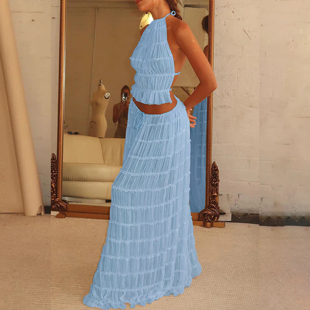 2pcs Women's Dress Suit Pleated Long Skirt Beach Clothing
