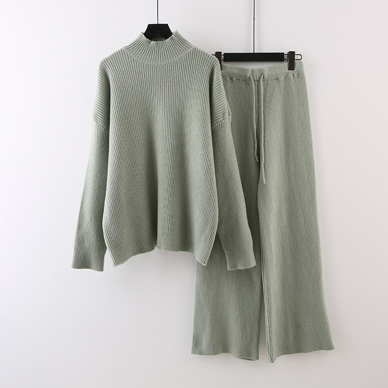Idle Style Half Turtleneck Thickened Inner Wear Knitted Wide Leg Pants Two-piece Set