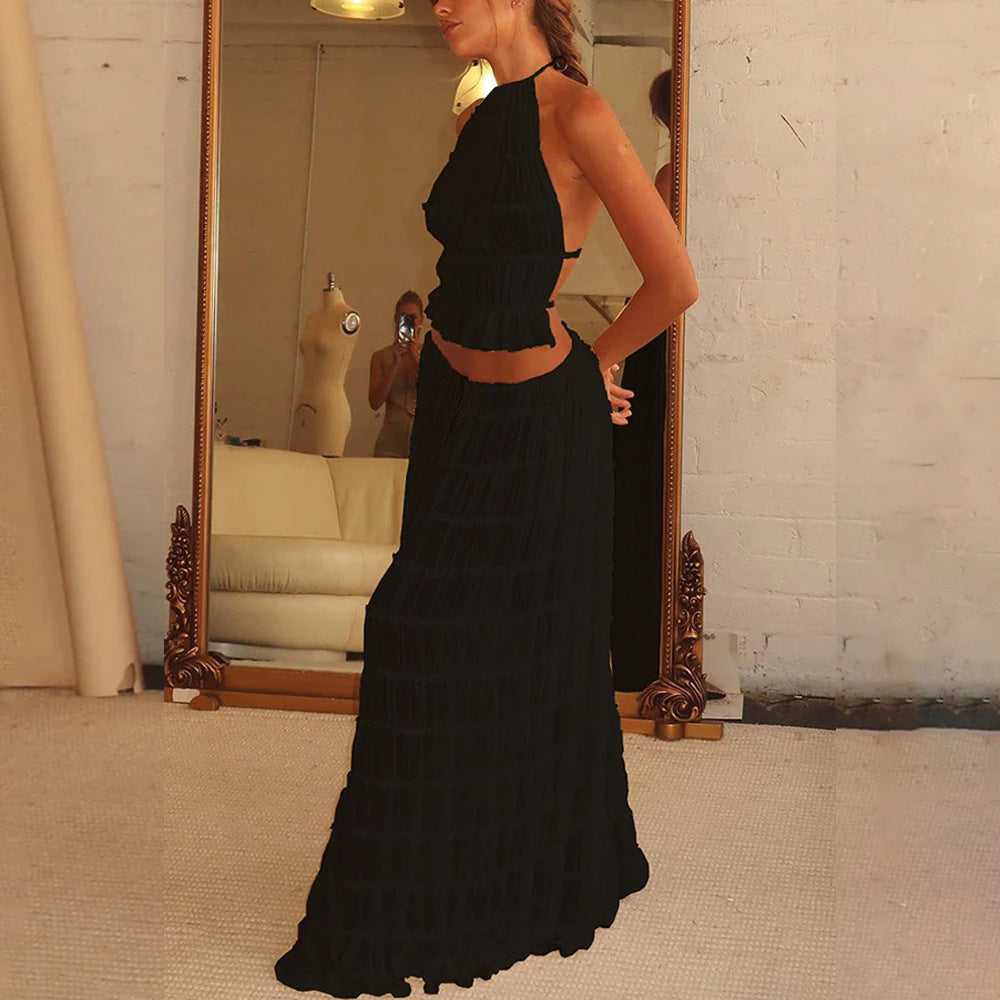 2pcs Women's Dress Suit Pleated Long Skirt Beach Clothing