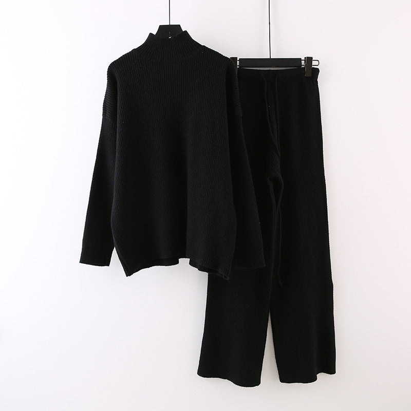 Idle Style Half Turtleneck Thickened Inner Wear Knitted Wide Leg Pants Two-piece Set