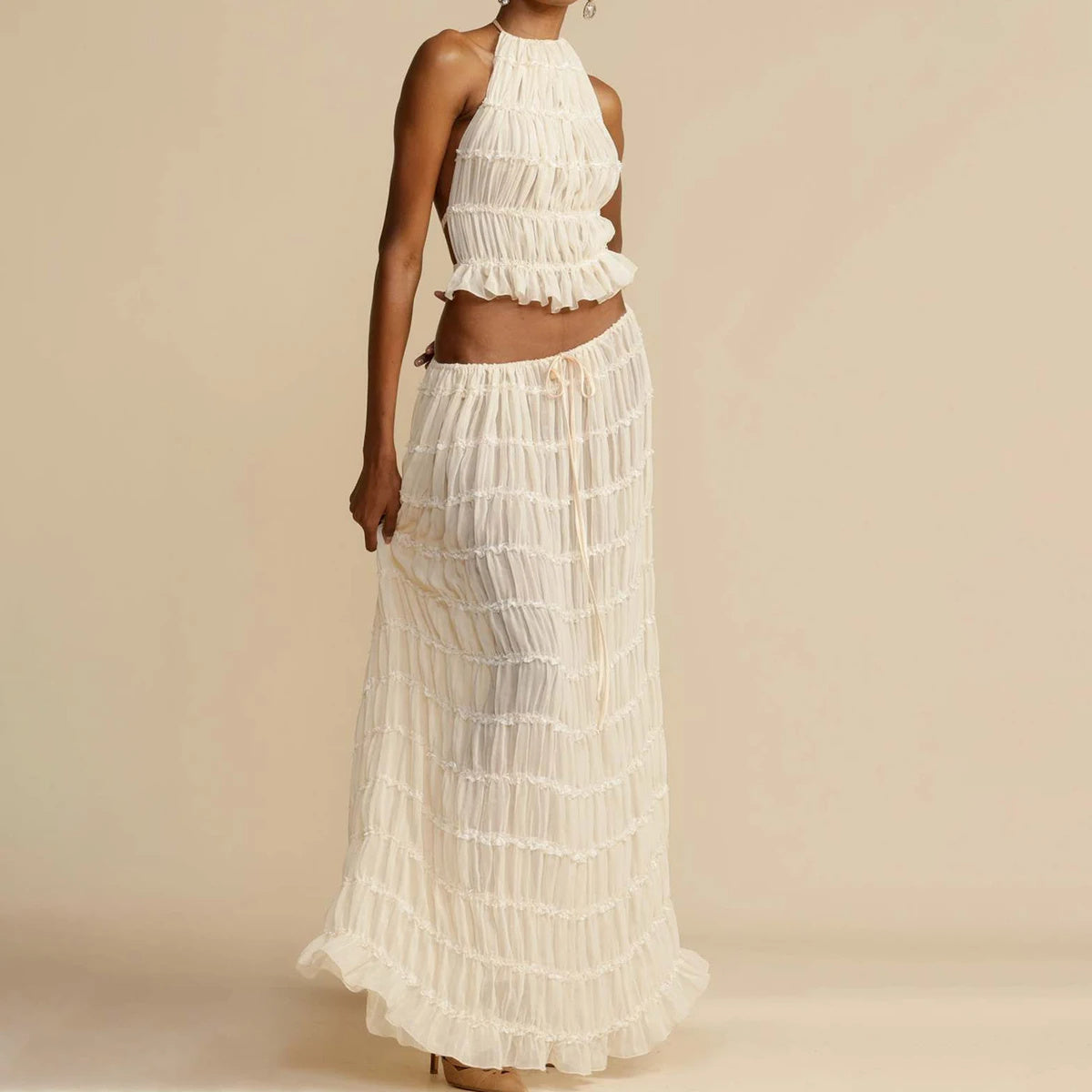 2pcs Women's Dress Suit Pleated Long Skirt Beach Clothing