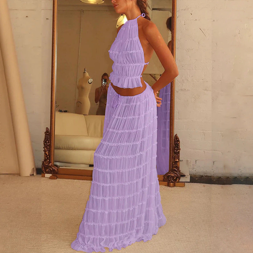 2pcs Women's Dress Suit Pleated Long Skirt Beach Clothing