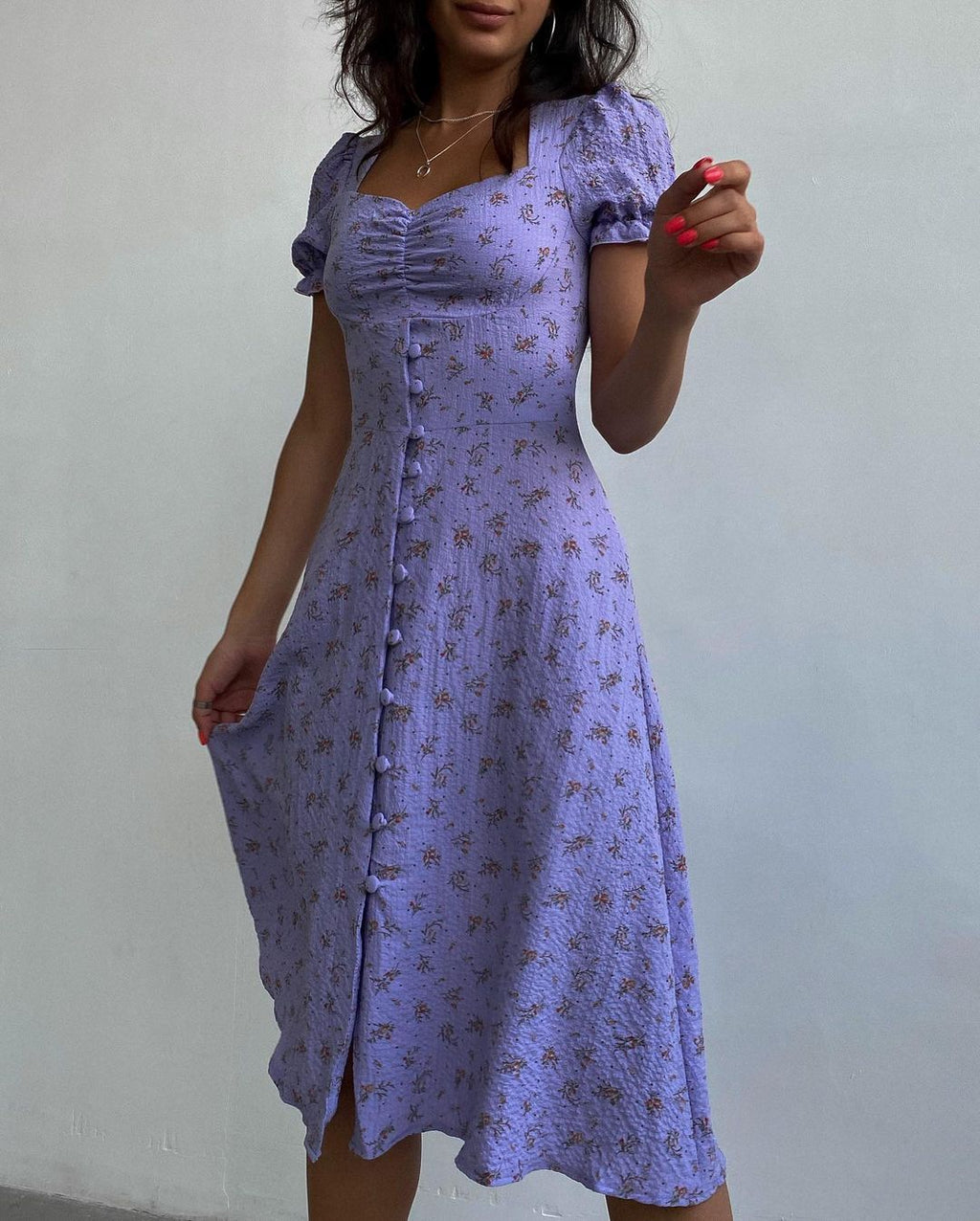 Floral Short Sleeve Square Collar Long Dress