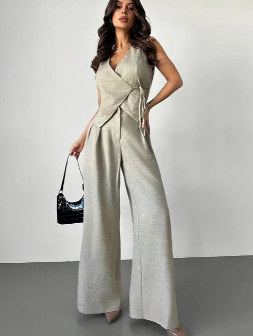 Elegant Waist Cinching Top And Wide Leg Pants Two-piece Set