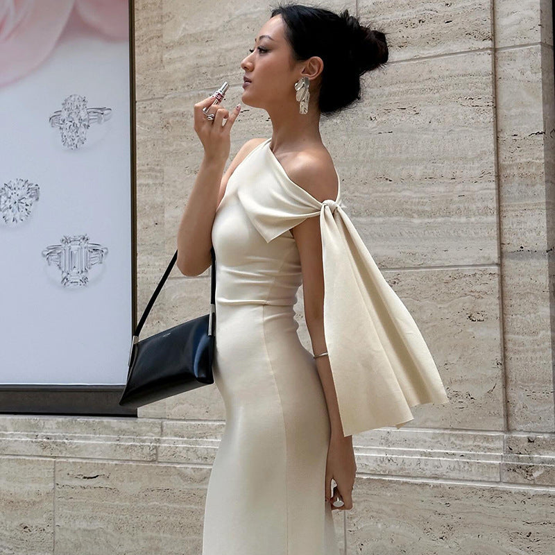 Women's Slim Fit Evening Dress – One Shoulder Ribbon Design
