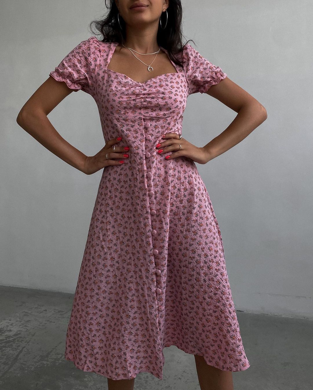 Floral Short Sleeve Square Collar Long Dress
