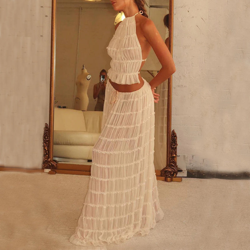 2pcs Women's Dress Suit Pleated Long Skirt Beach Clothing