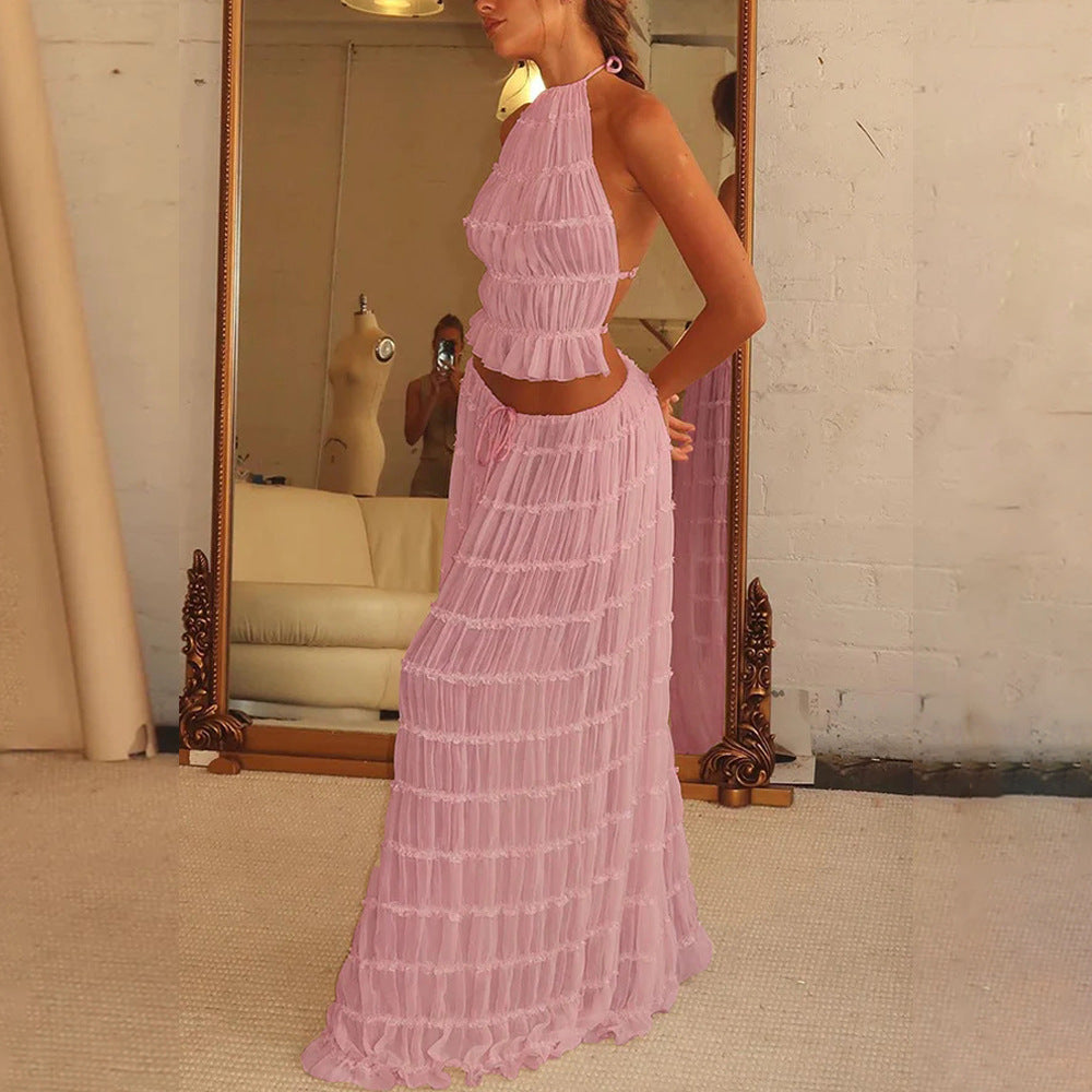 2pcs Women's Dress Suit Pleated Long Skirt Beach Clothing