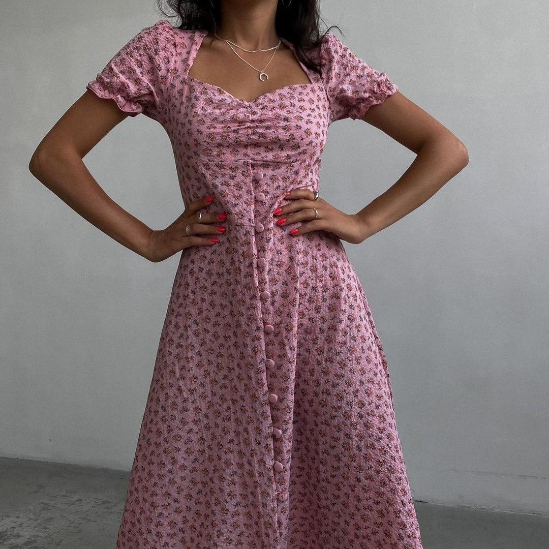 Floral Short Sleeve Square Collar Long Dress